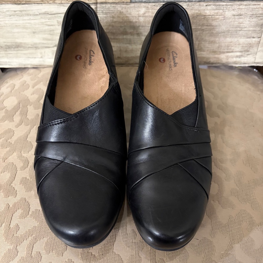 Clarks Unstructured Black Leather Pleated Block Heel Pumps Shoes Womens 8 M